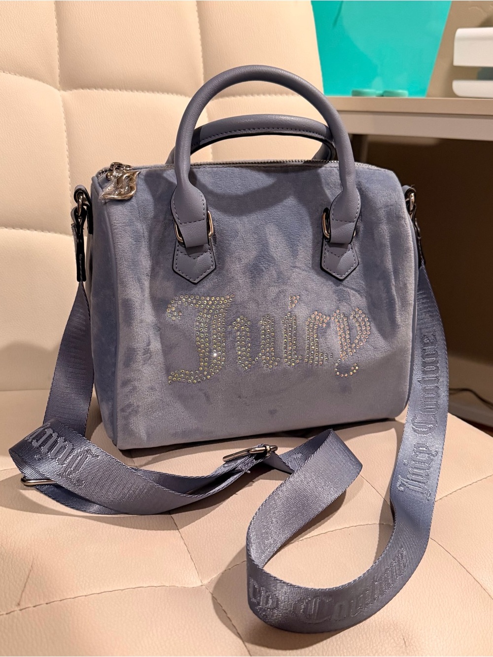 Juicy Couture Powder Blue Suede Satchel with Rhinestone Logo